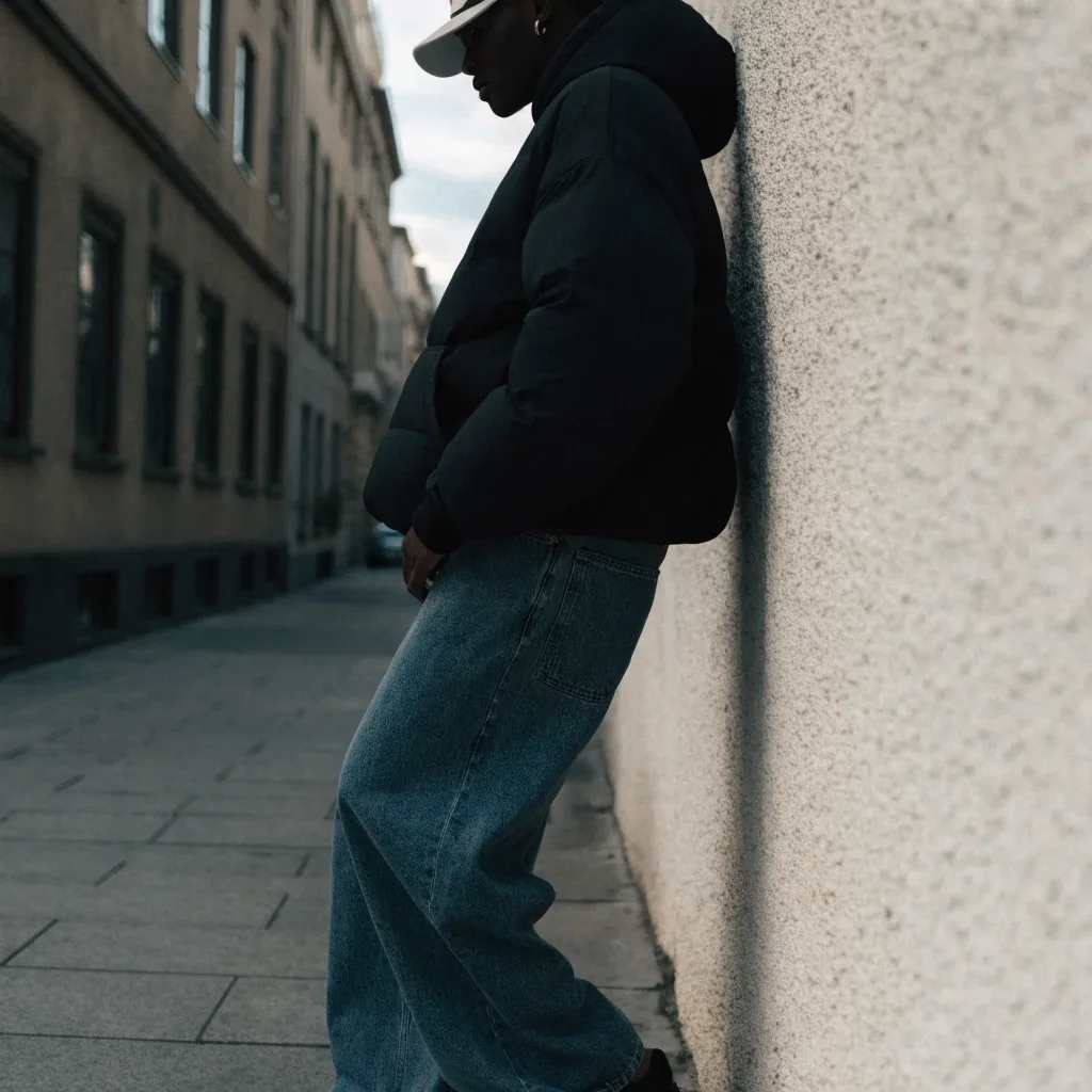 Persona con buzo canguro negro, jean baggy y gorra caminando junto a una pared de estuco
