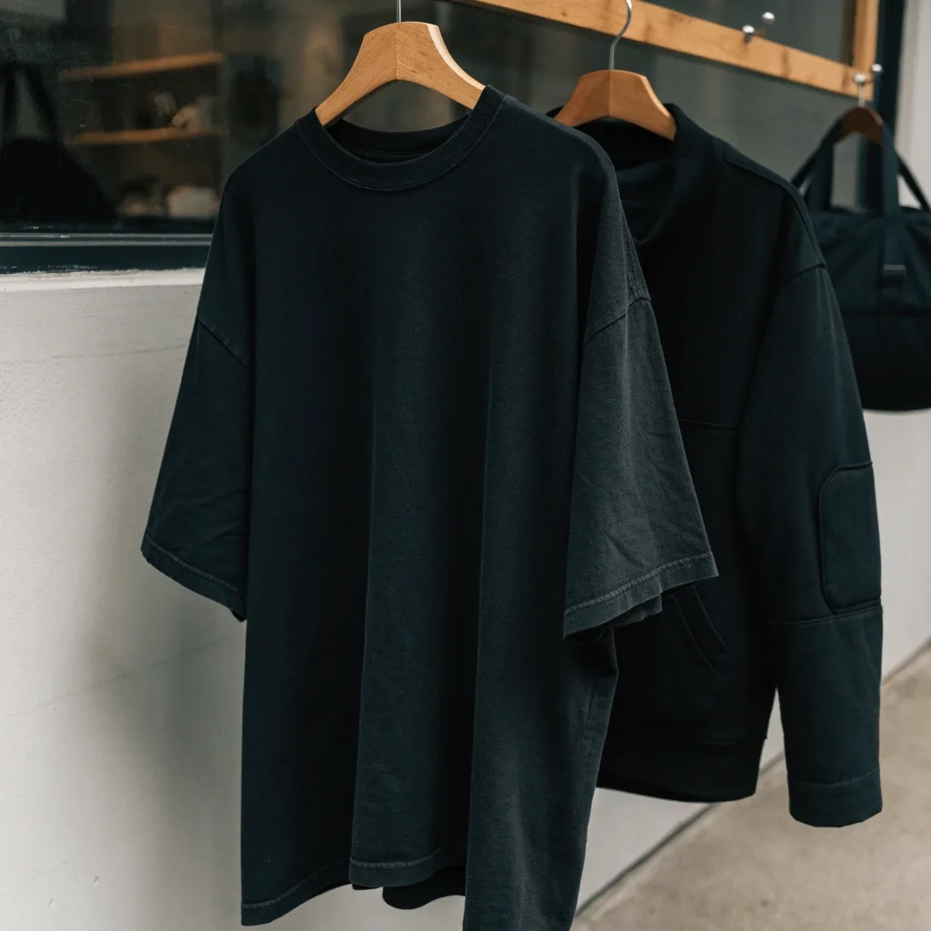 Remera oversize negra de algodón apoyada sobre una superficie de madera