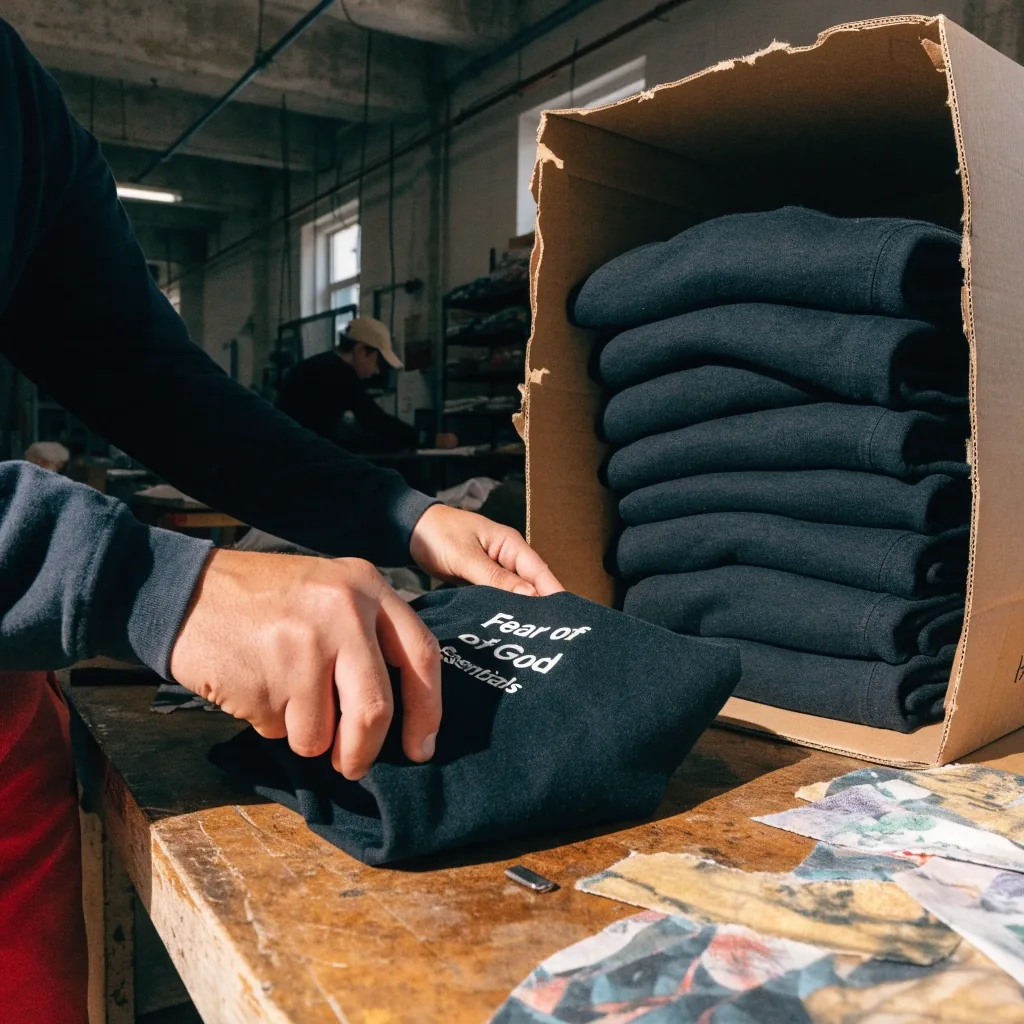Manos doblando una remera oversize negra sobre una mesa de trabajo