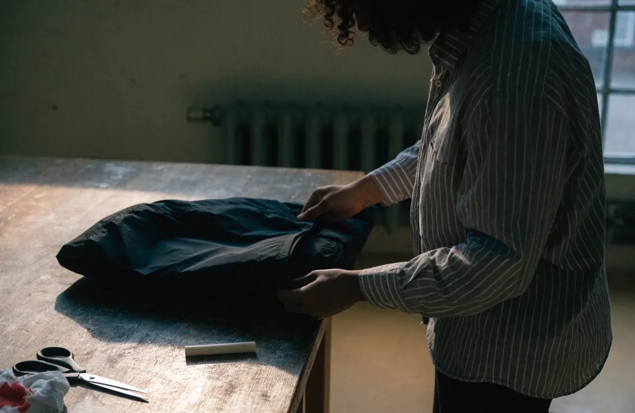 Campera rompeviento doblada sobre la mesa de taller junto a tijeras y polvo de tiza