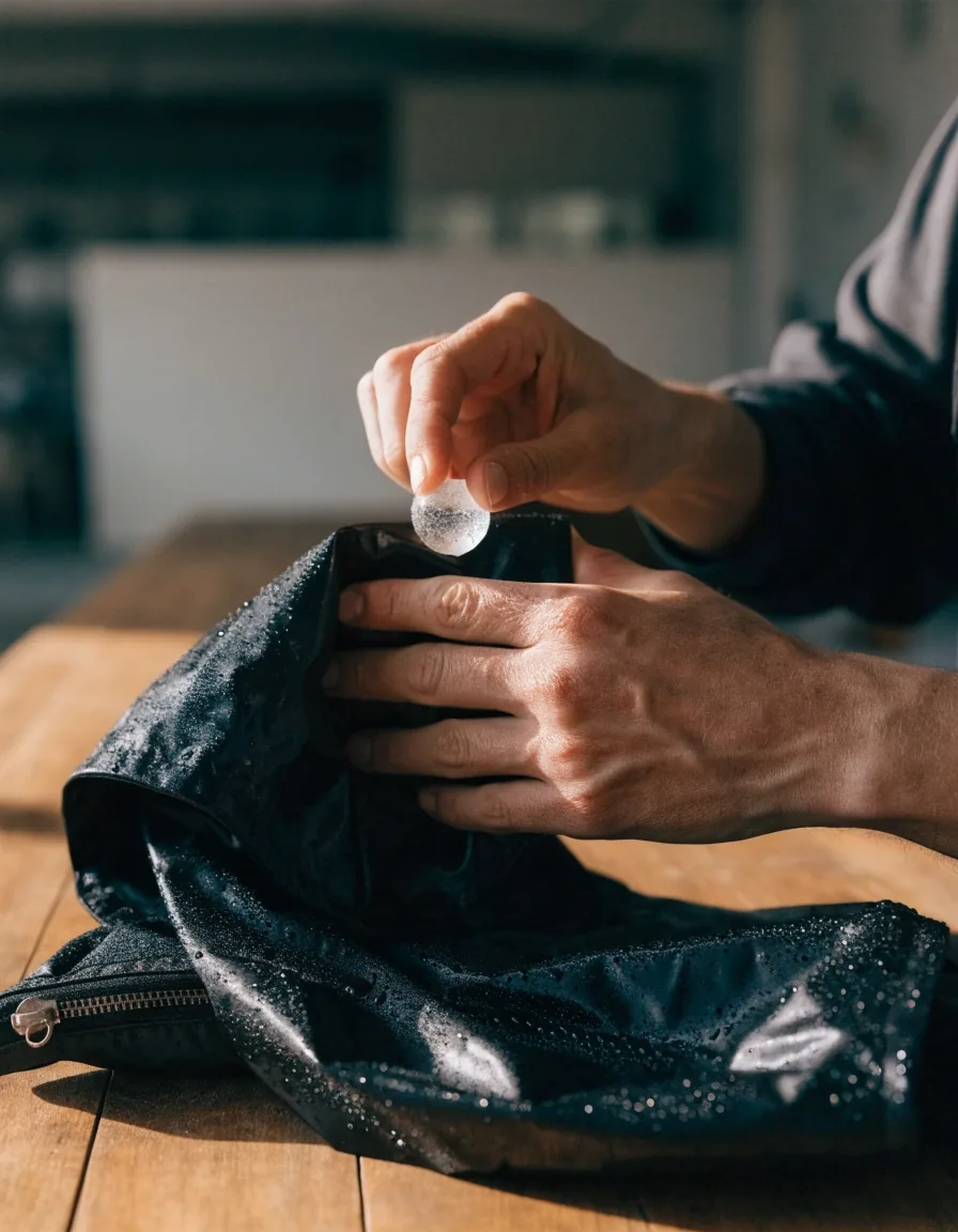 Detalle del tejido de la campera rompeviento negra sobre madera de taller