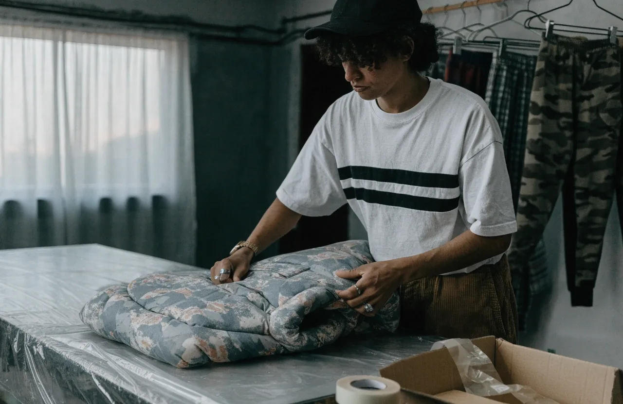 Mesa de empaque en el taller de ropa urbana: remera negra doblada, caja de cartón y cinta de embalar bajo luz de tarde nublada.