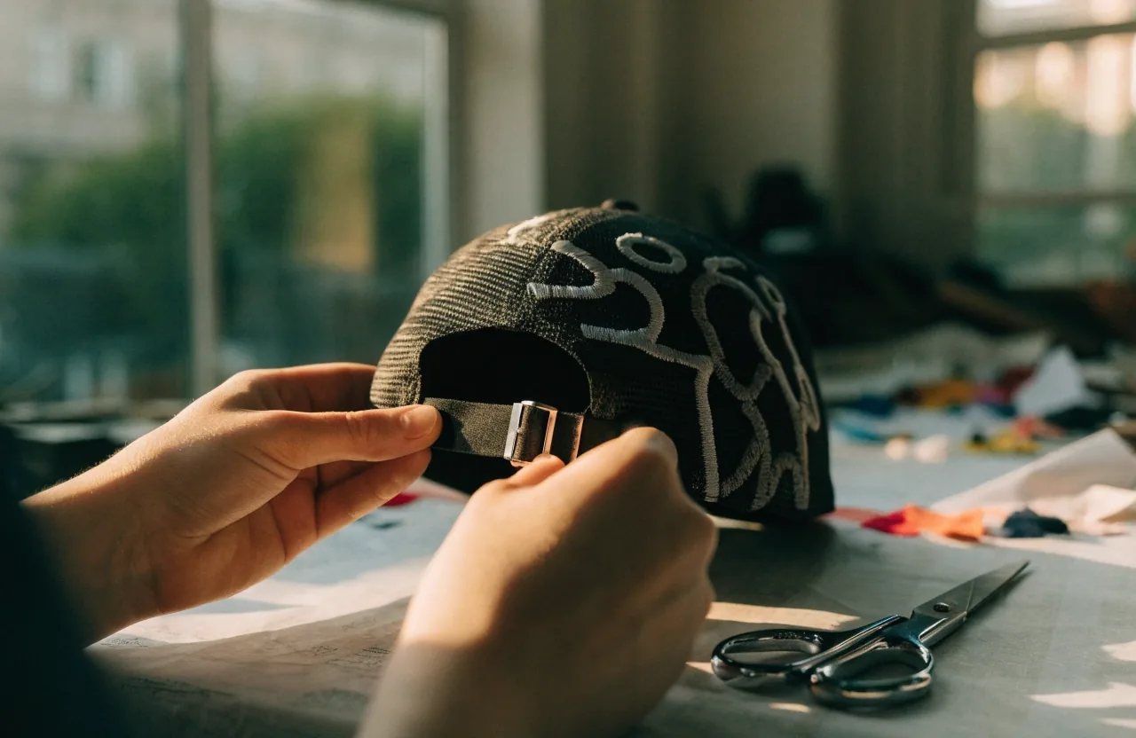 Gorra de sarga con bordado frontal apoyada sobre papel de molde en una mesa de corte