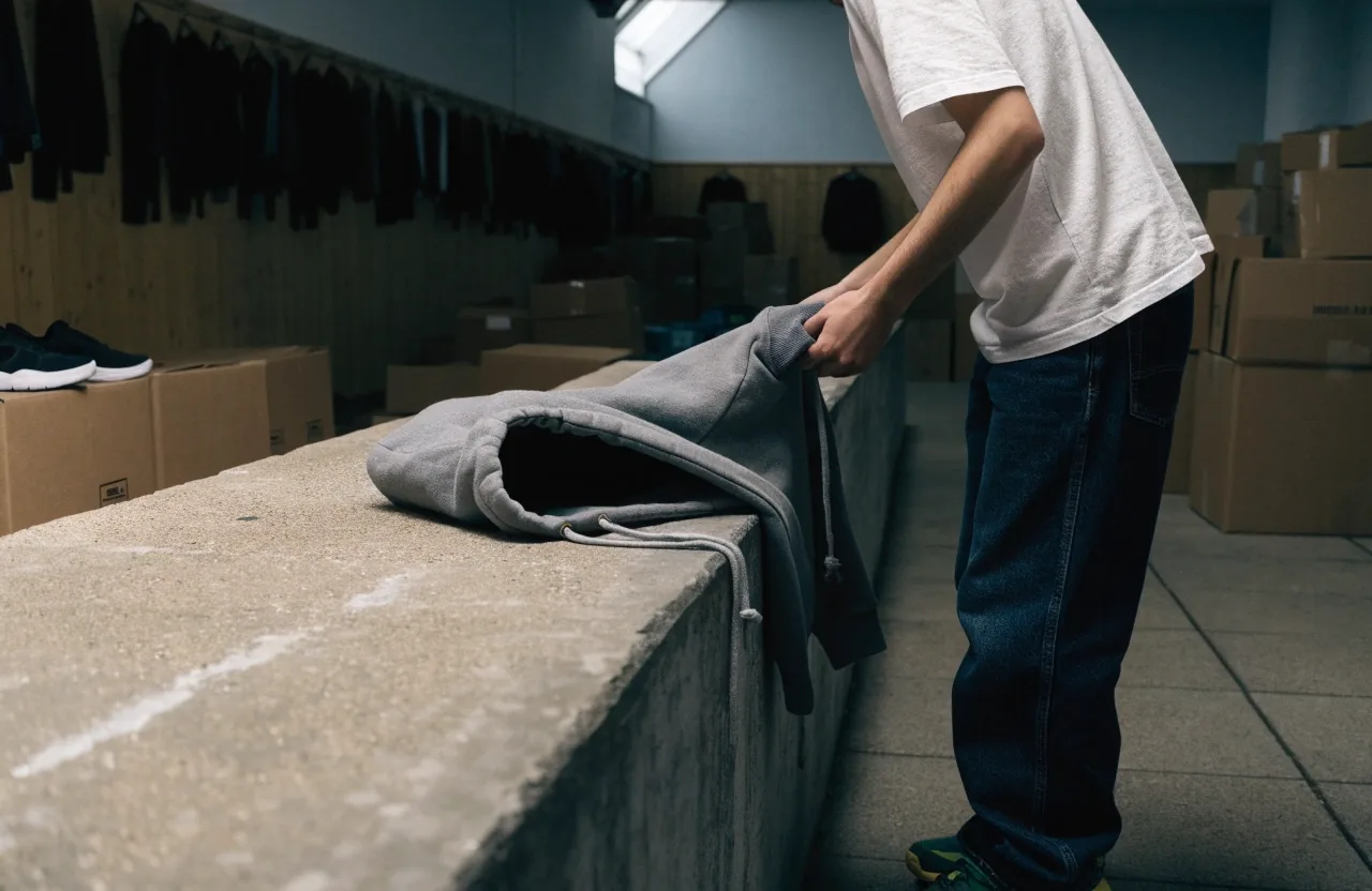 Hoodie boxy gris de frisa extendido sobre una repisa de hormigón