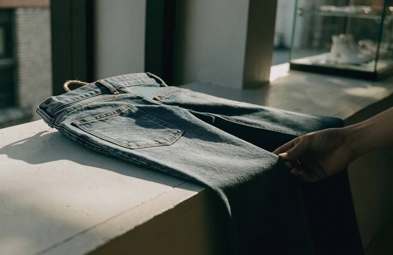 Jean baggy de denim crudo doblado sobre la base de una pared de yeso