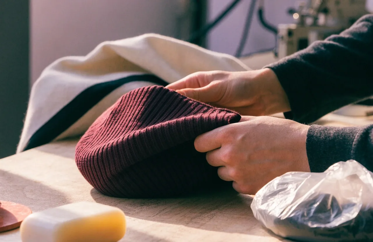 Mano sacando una gorra de sarga doblada del bolsillo de una campera colgada
