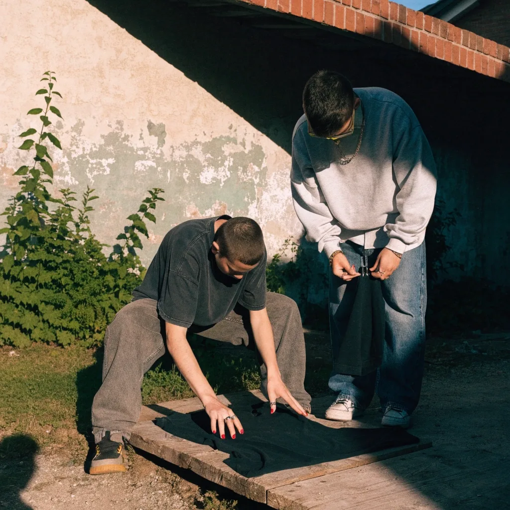 Remera oversize negra de algodón extendida sobre una tabla de madera