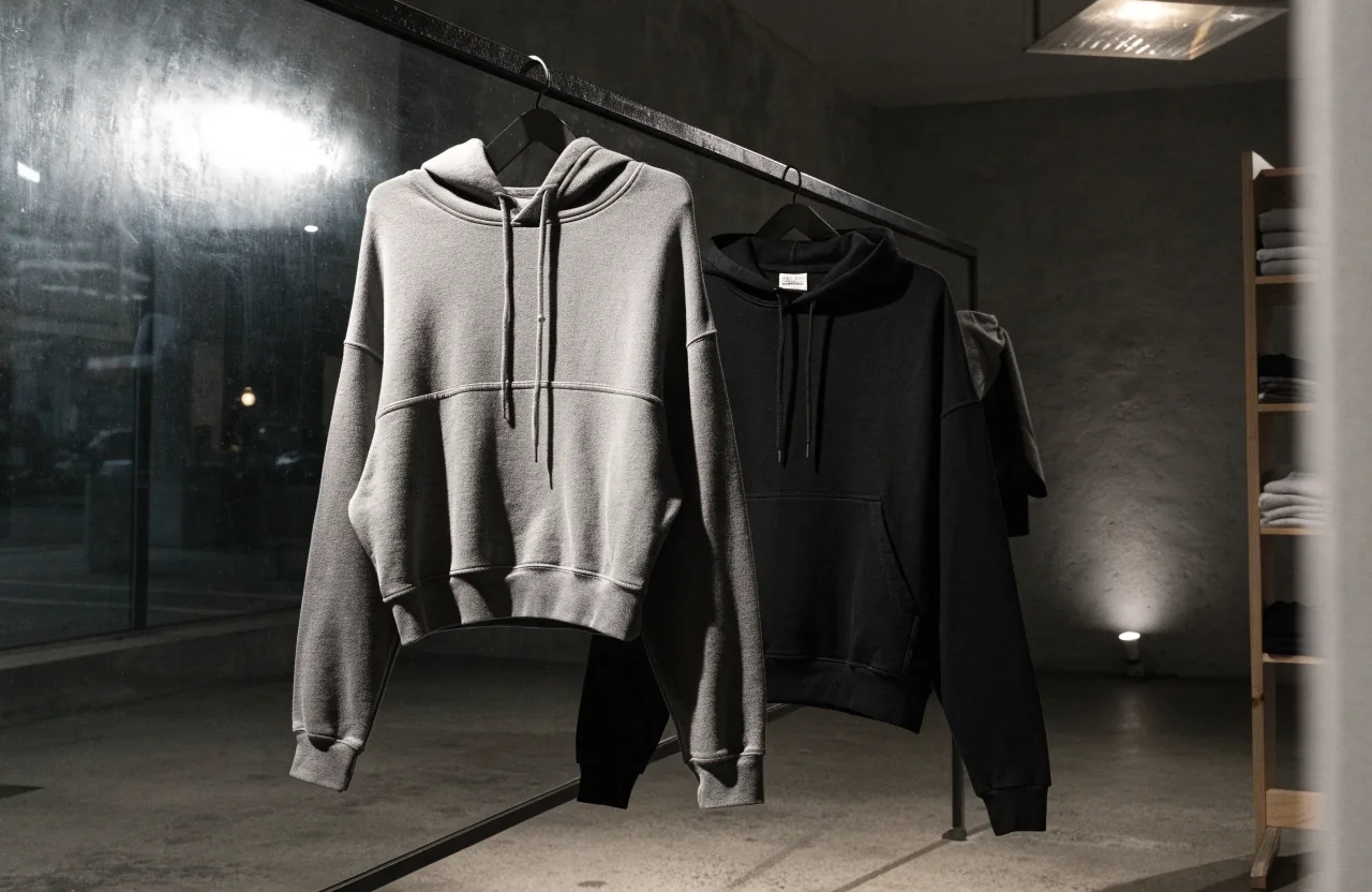Hoodie boxy gris y buzo canguro negro comparados lado a lado