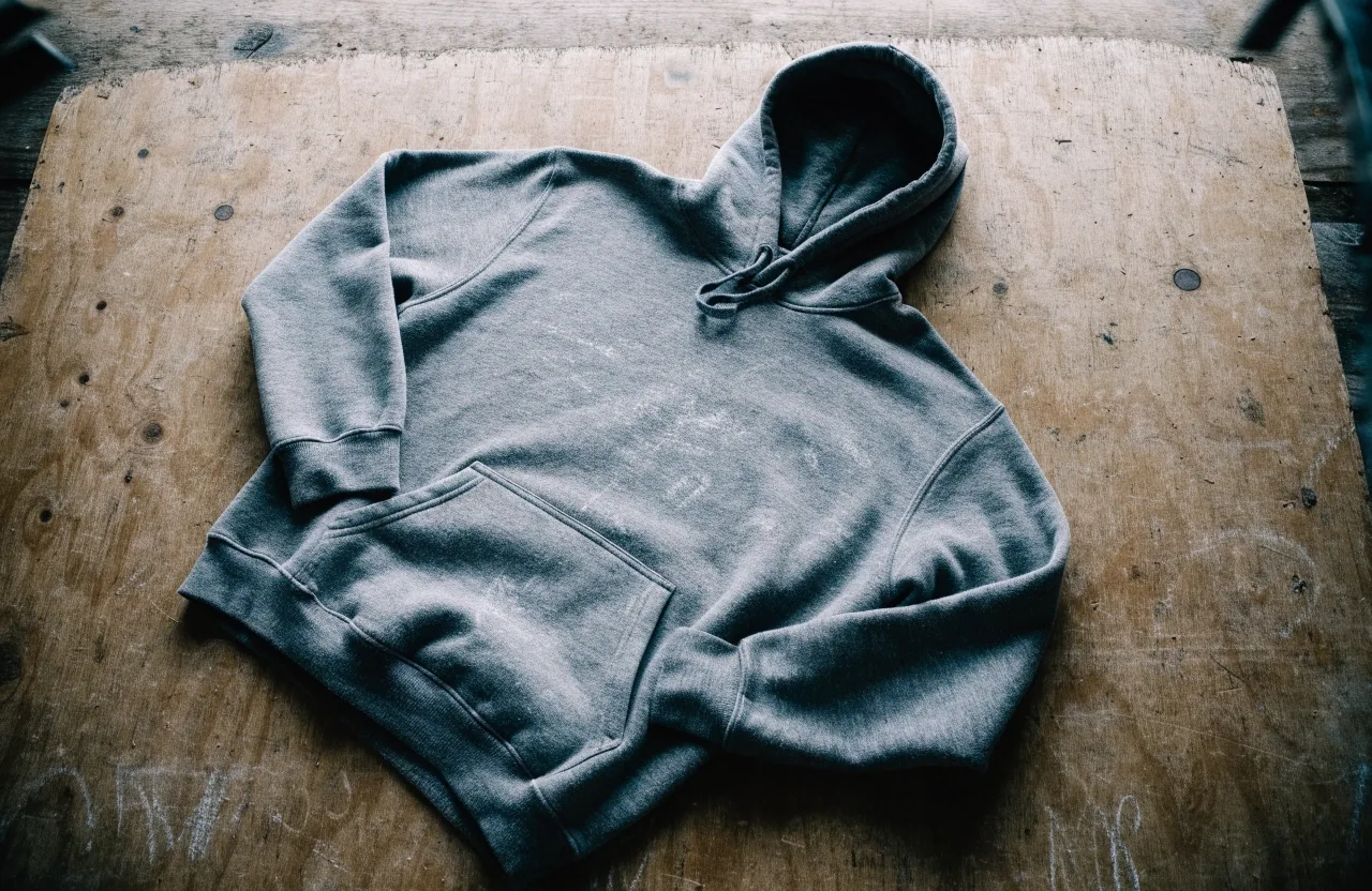 Hoodie boxy gris de frisa extendido sobre madera de obra