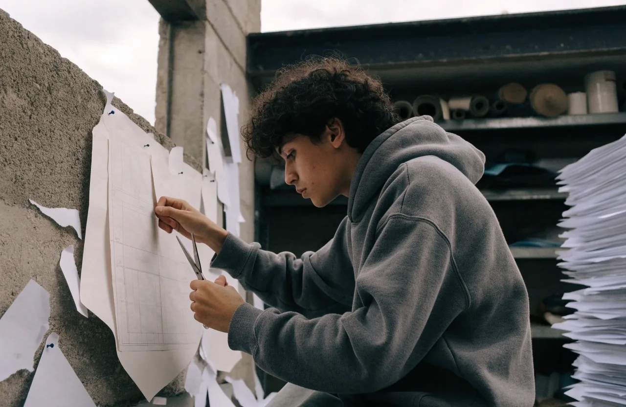 Persona ajustando un molde de papel sobre una pared de concreto en el taller
