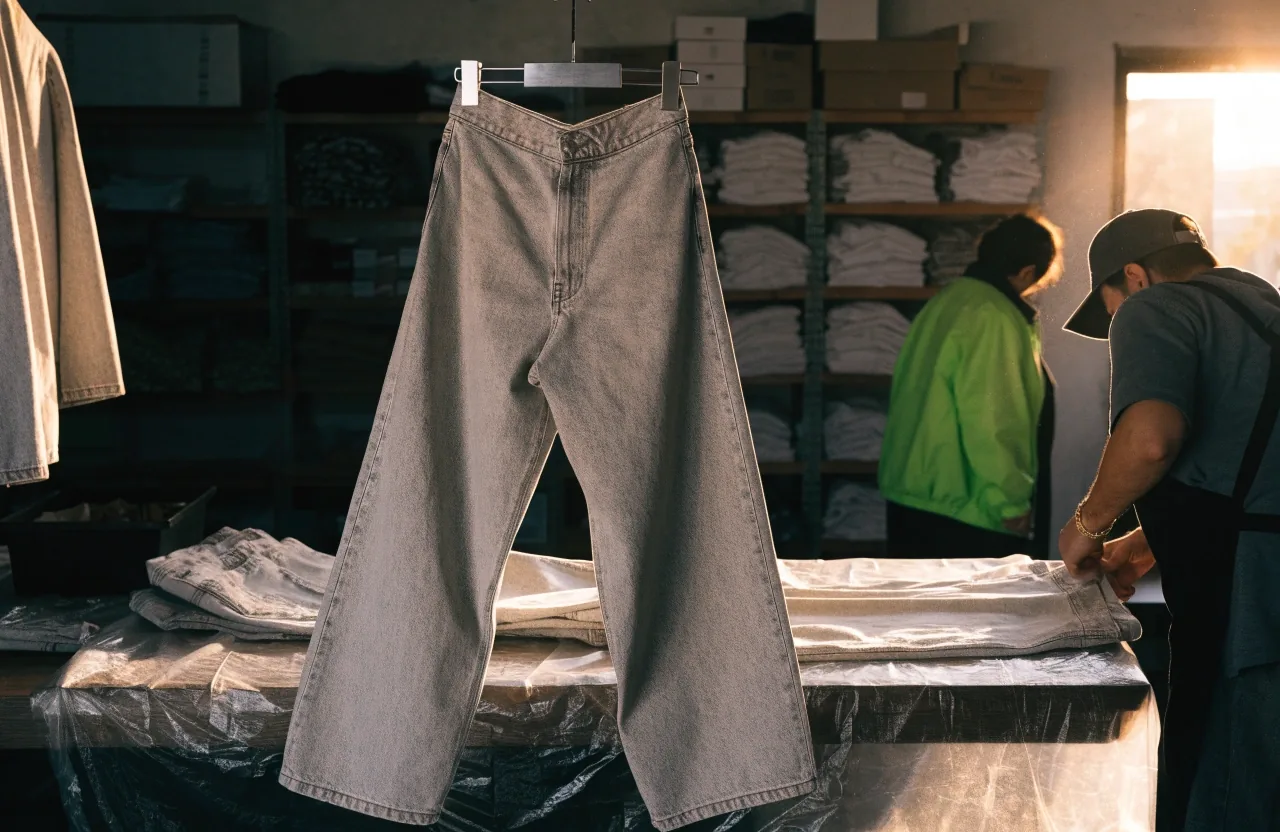 Manos revisando las costuras internas de un jean baggy de denim crudo sobre una mesa de corte