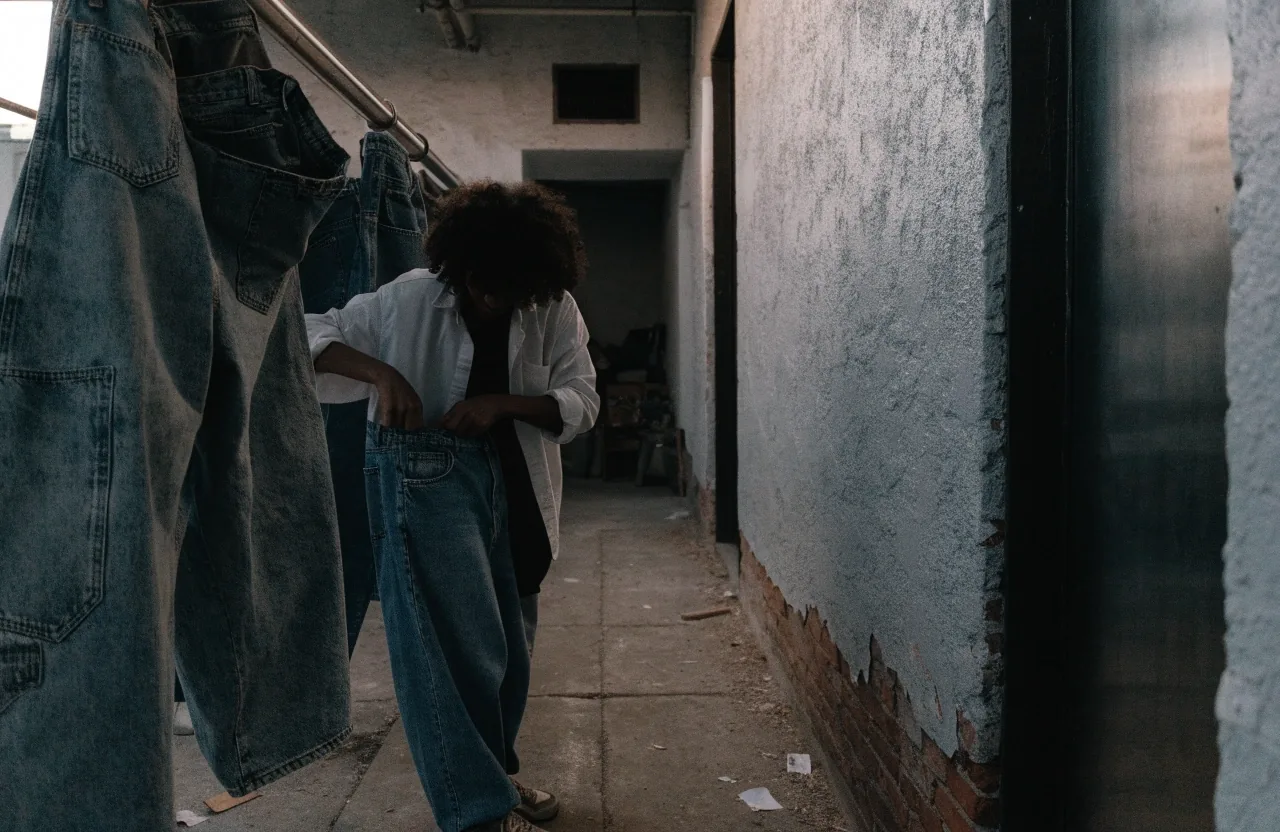Pasillo de taller urbano con jeans baggy de denim crudo colgados de una barra de metal bajo una luz gris de tarde