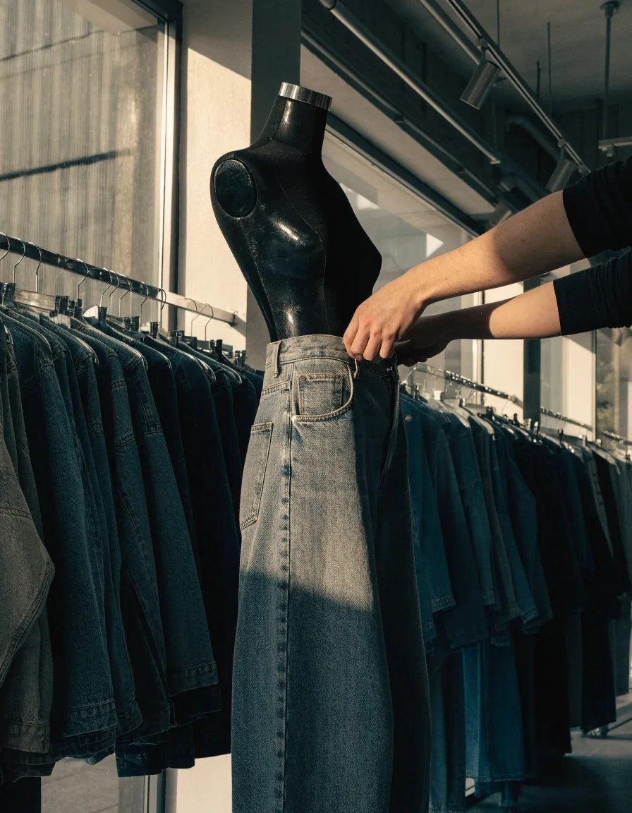 Persona con jean baggy de denim crudo y remera negra apoyada contra una pared de hormigón