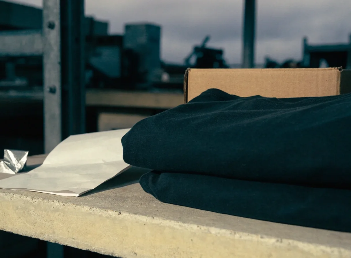 Hoja de papel y una caja de envío con una prenda urbana doblada sobre una repisa de hormigón en un taller