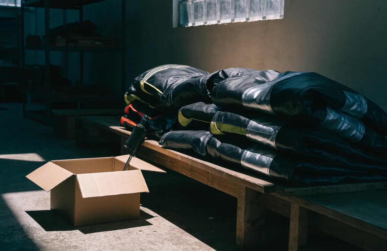 Mesa de trabajo con una caja abierta, prendas dobladas y herramientas de embalaje en un taller de ropa urbana