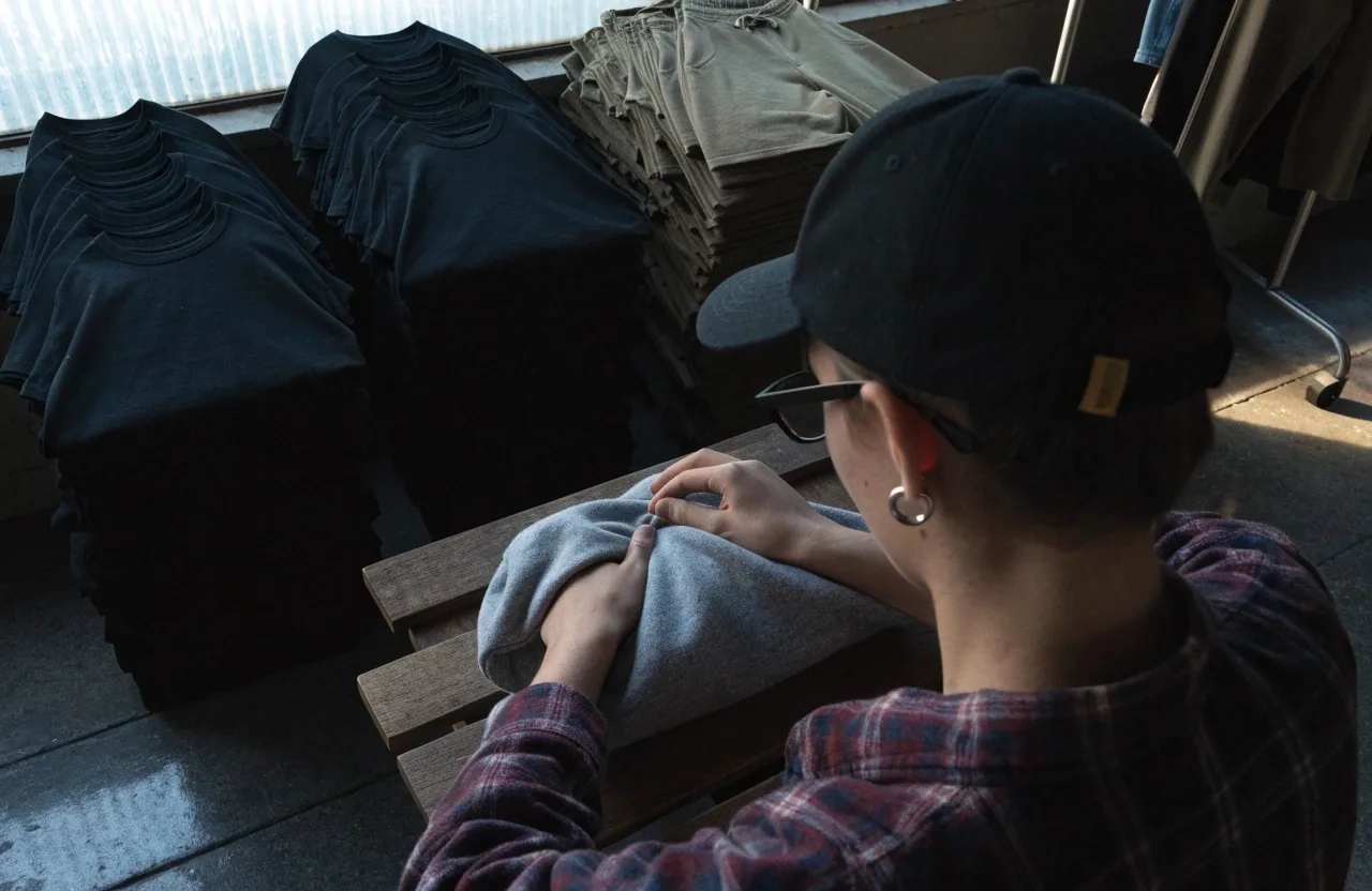Manos de una persona doblando una remera urbana sobre una mesa de trabajo en un taller argentino