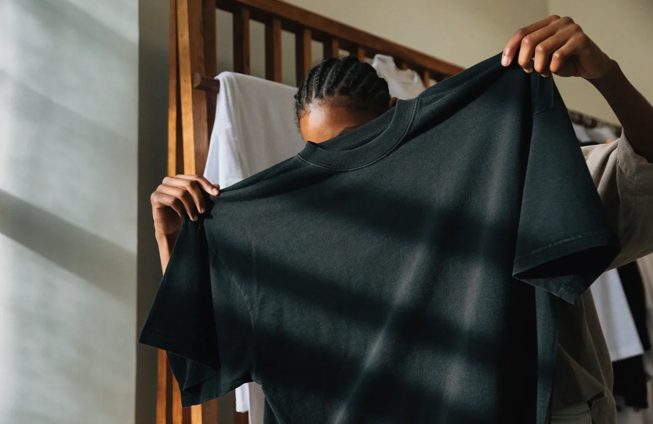 Remera oversize negra colgada de un perchero de madera sobre pared clara