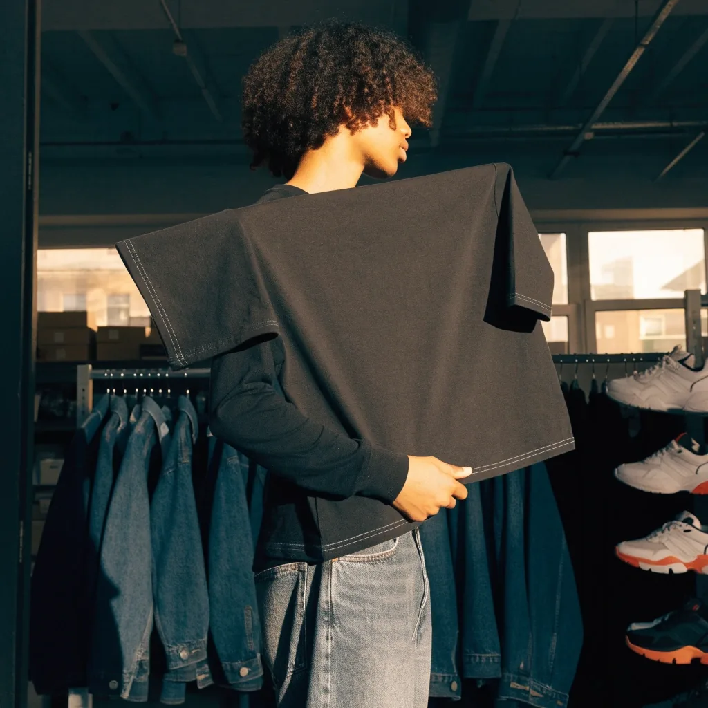 Remera negra doblada sobre madera en la mesa de corte