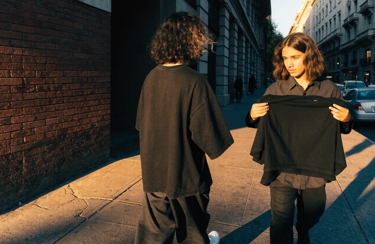 Remera oversize negra de algodón pesado apoyada sobre un borde de hormigón