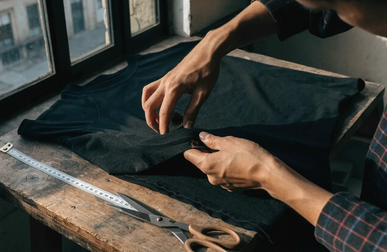 Remera oversize negra doblada sobre una mesa de madera en un taller, con cinta métrica de costura al lado