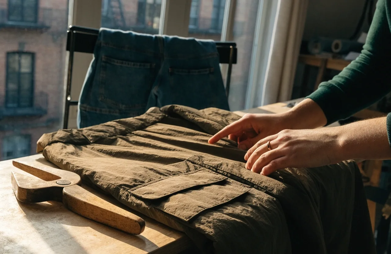 Prendas urbanas dobladas sobre la mesa de trabajo del taller