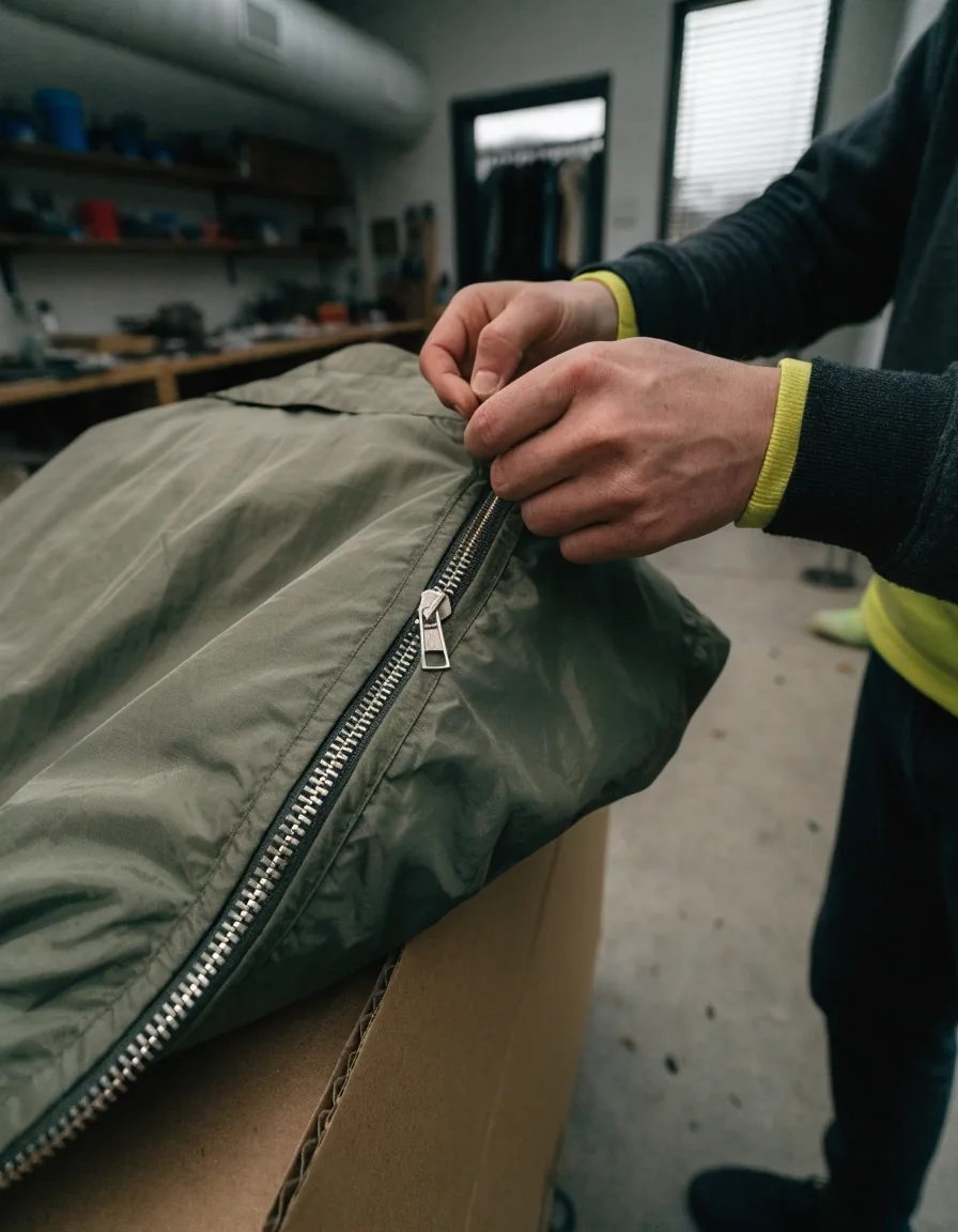 Campera rompeviento verde oliva plegada sobre una caja de cartón