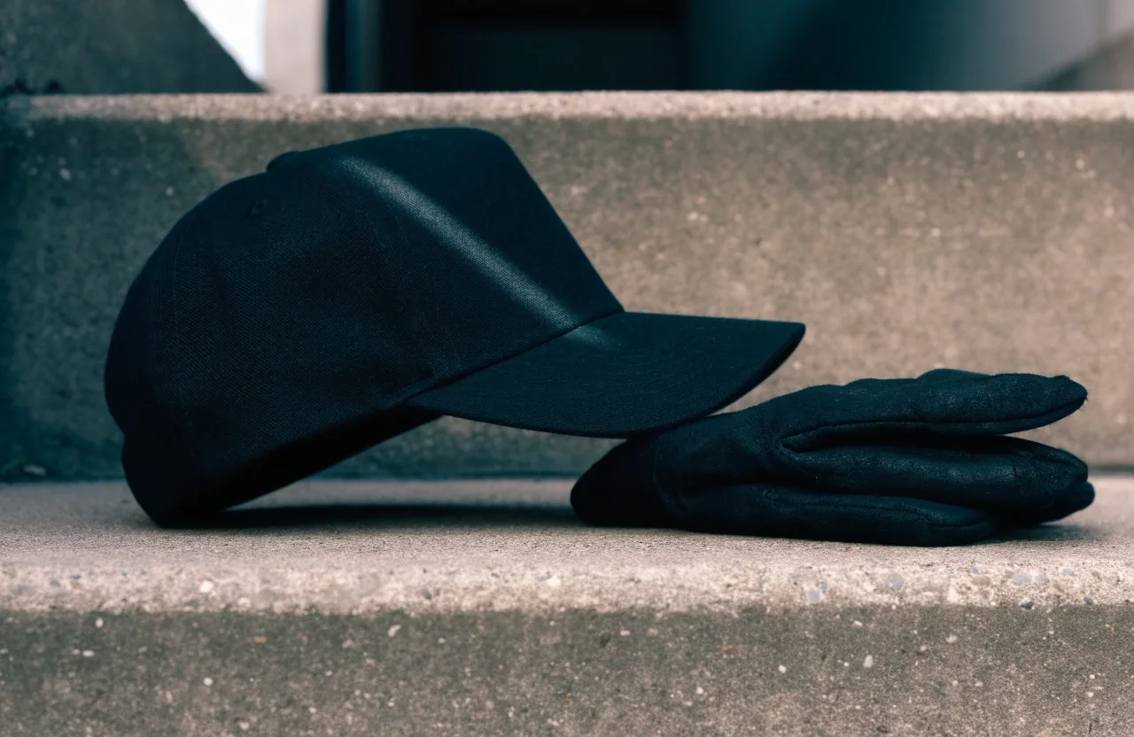 Gorra negra apoyada sobre un escalón de hormigón junto a guantes plegados