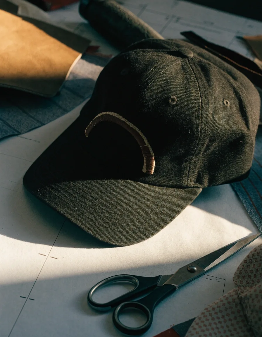 Gorra negra apoyada sobre una hoja de patrón en la mesa de trabajo