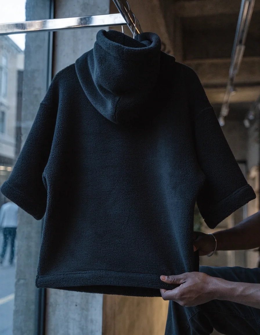 Hoodie boxy negro de frisa sobre el respaldo de una silla plegable