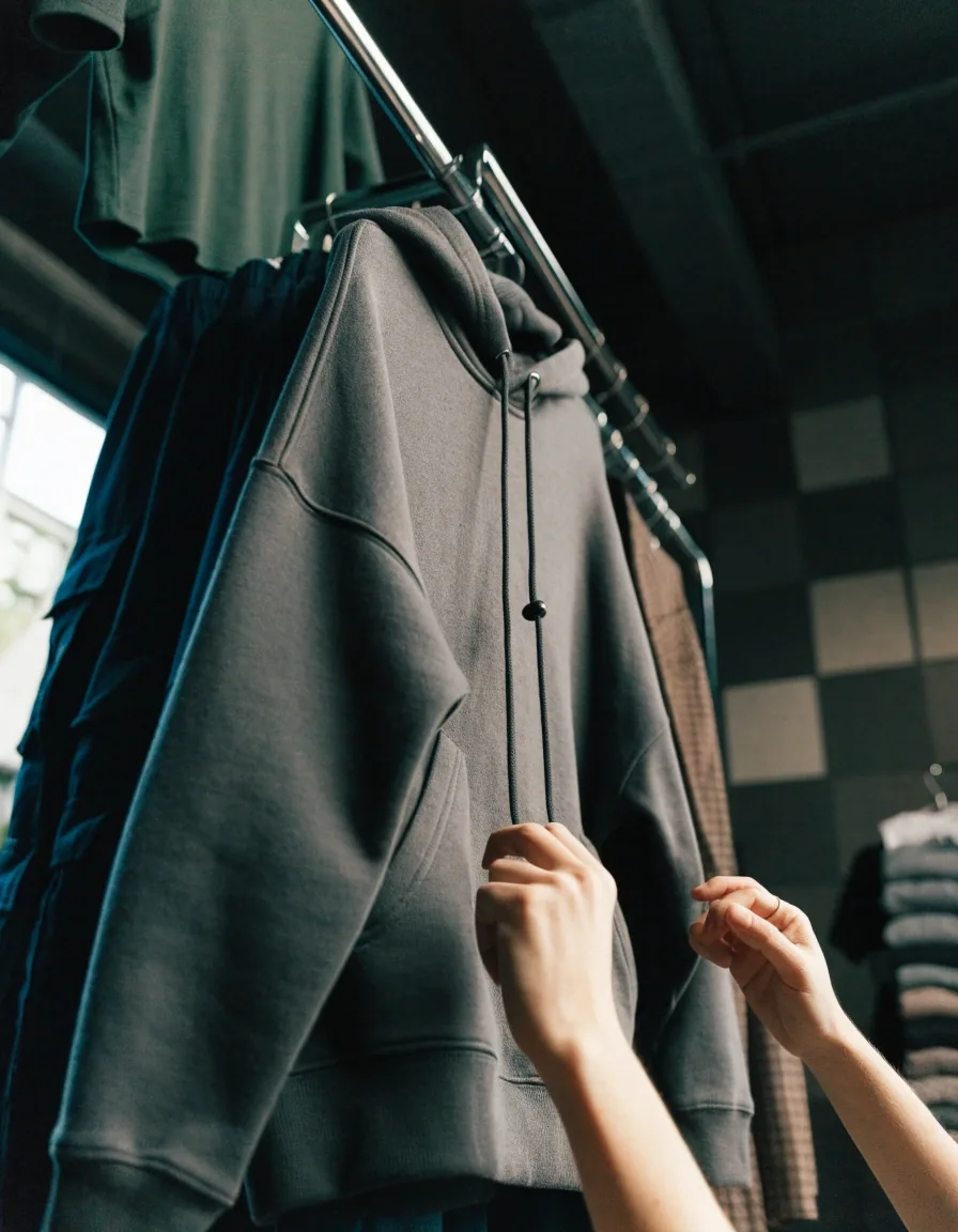 Hoodie boxy gris de frisa apoyado sobre una base de pared