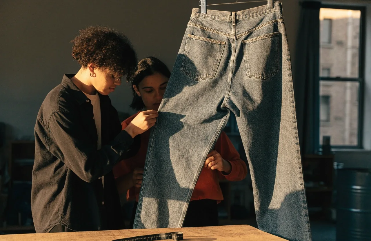 Jean baggy de denim crudo plegado sobre un escalón de hormigón