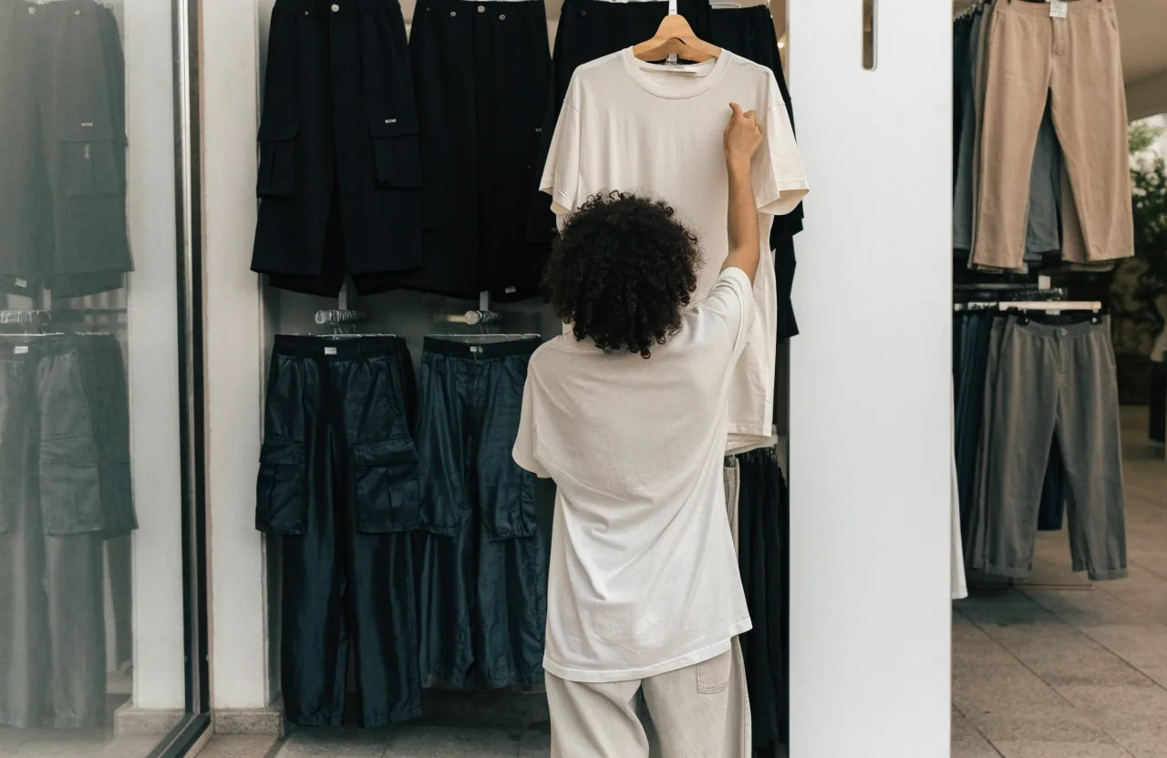 Remera oversize blanca colgada de un perchero contra pared blanca