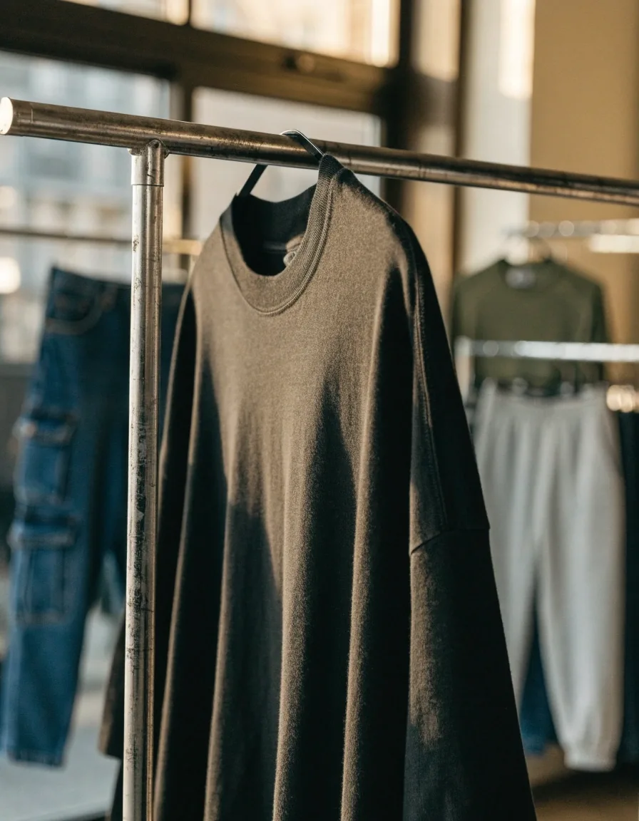 Remera oversize negra de algodón apoyada sobre madera