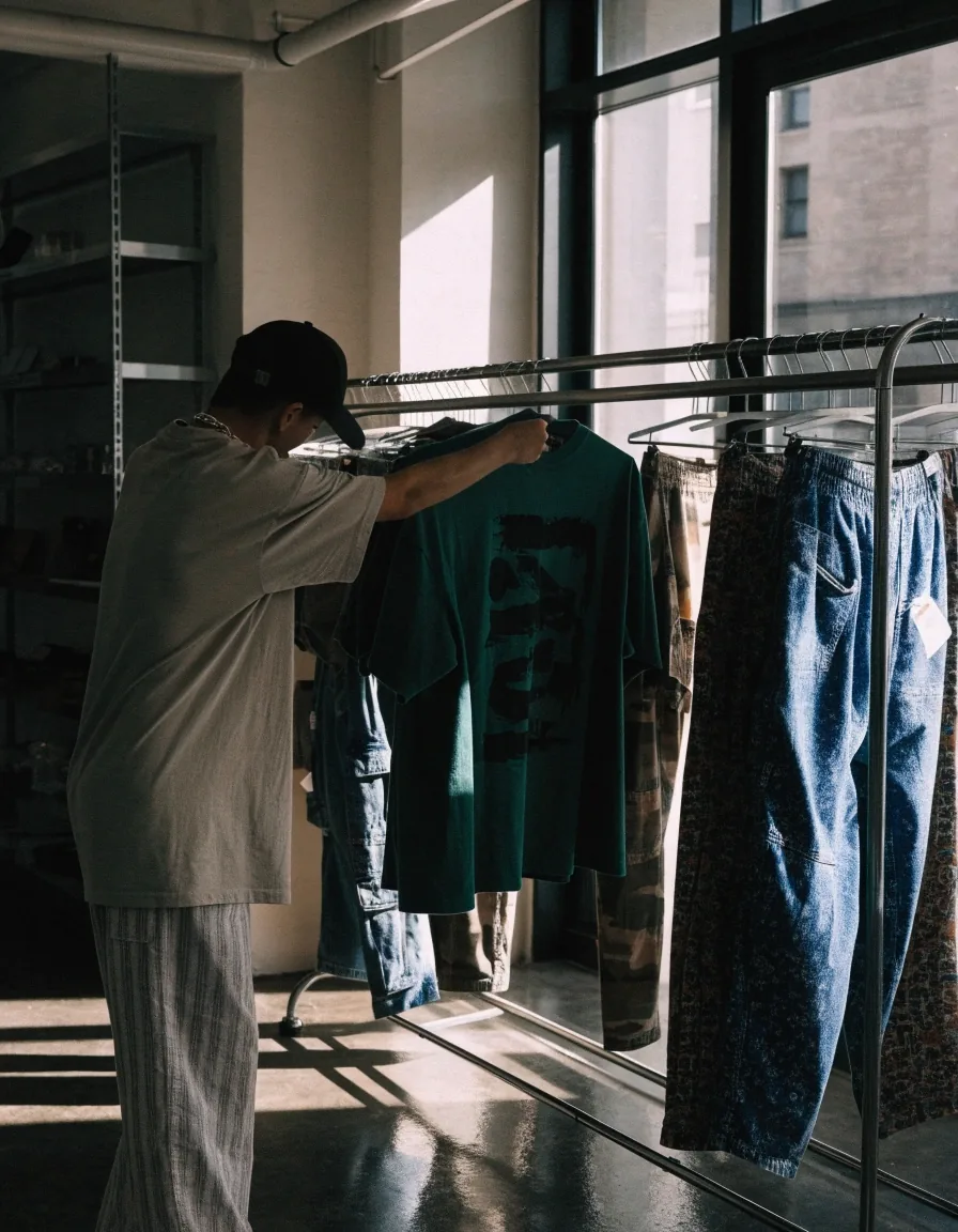 Remera oversize verde oscuro apoyada sobre una repisa de hormigón